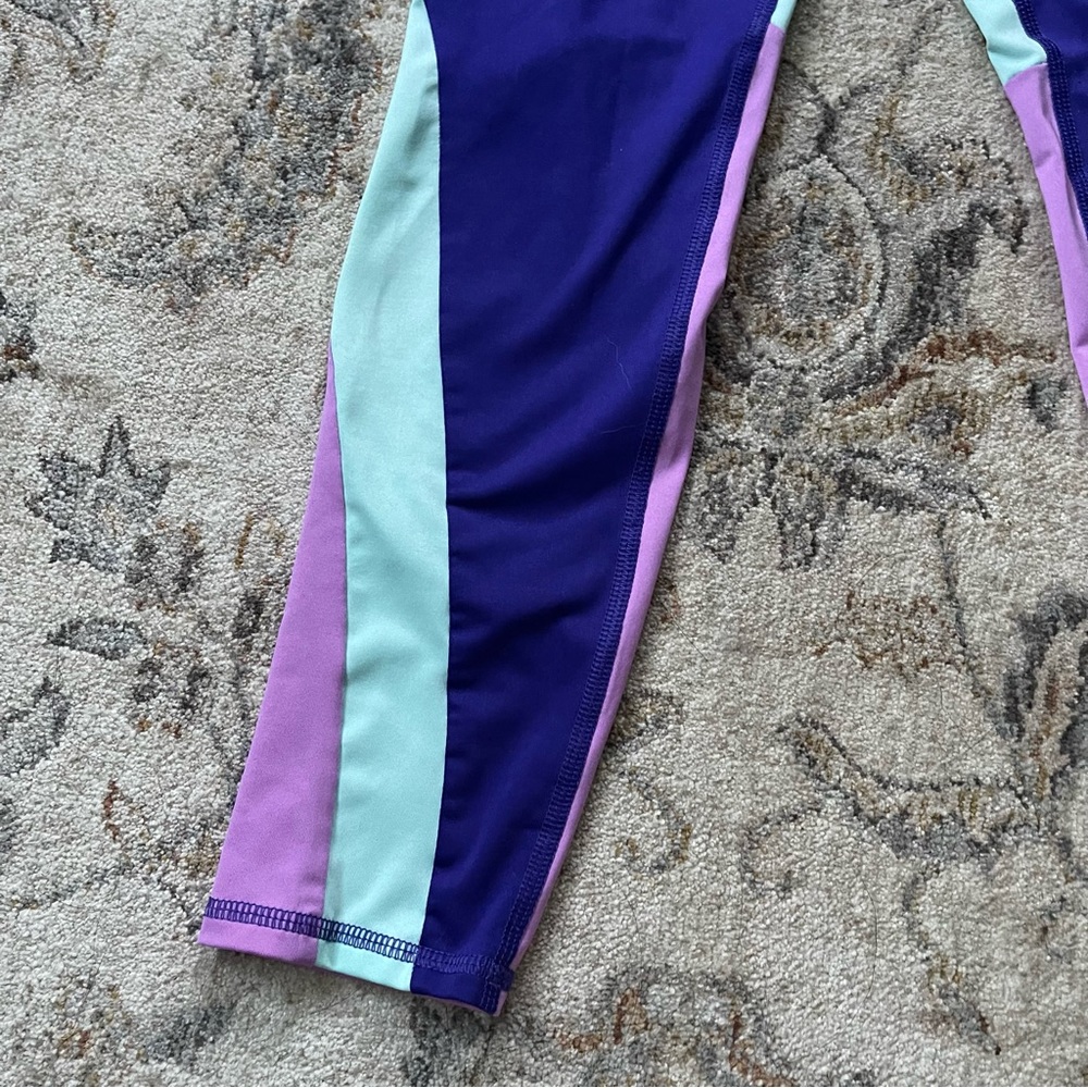 Adidas Leggings Girls Size 10/12 Purple Aqua Green Logo - Picture 8 of 8